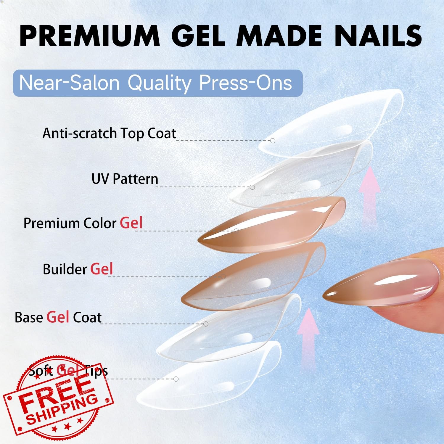 SXVME Ombre Brown Chrome French Press On Nails Almond Medium