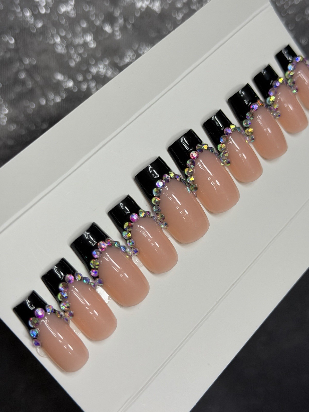 ✨ CUSTOM Press On Nails FRENCH BLACK BLING 10p SET W Kit Size M