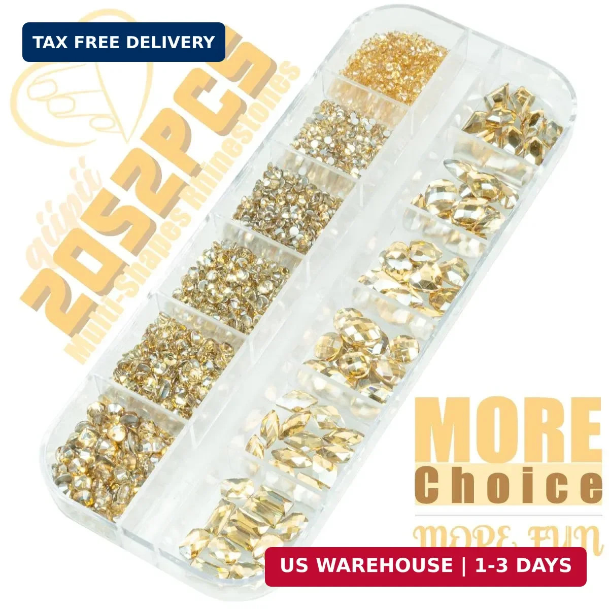 qiipii 2052Pcs Golden Rhinestones for Nails 72pcs Multi Shapes Crystal Flatback