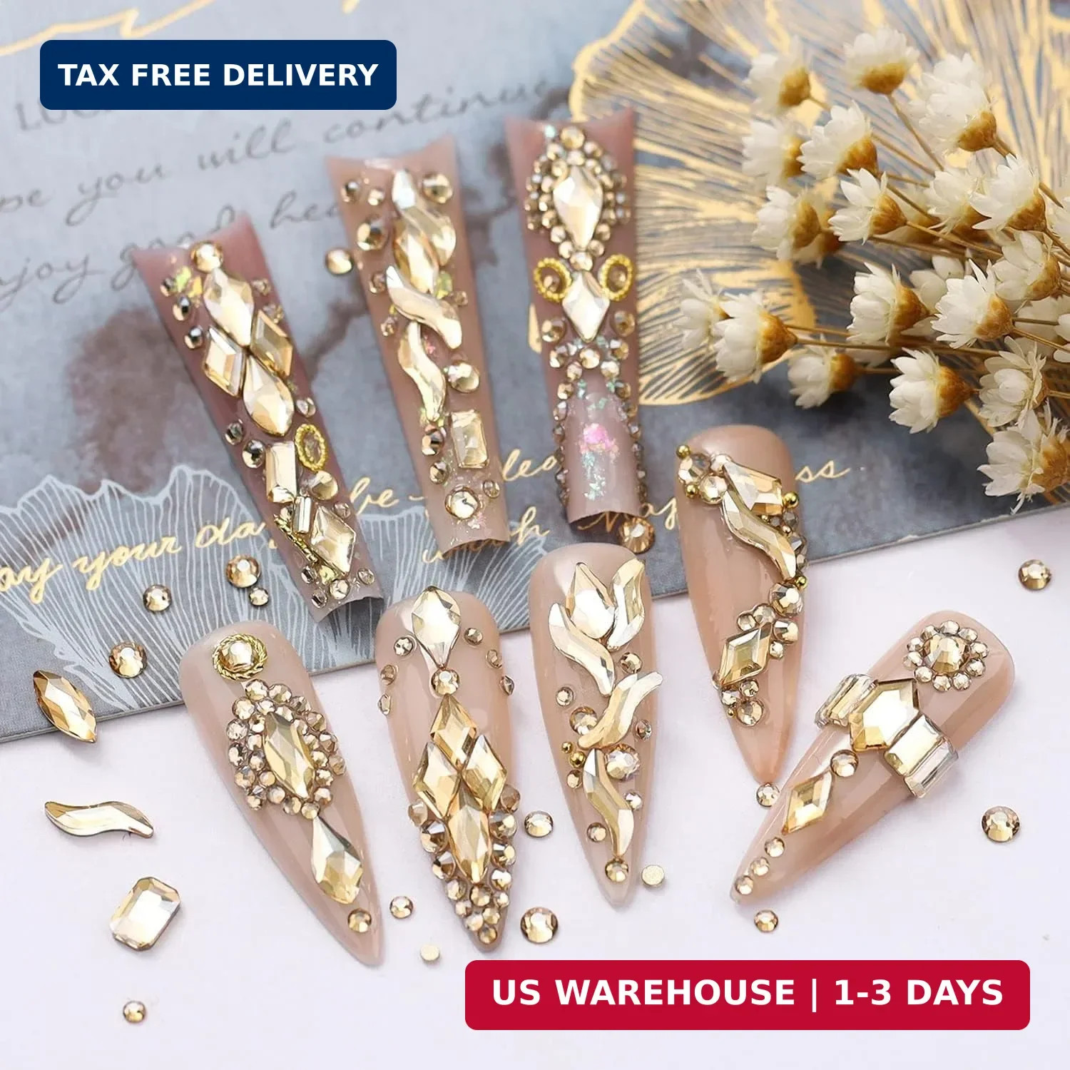 qiipii 2052Pcs Golden Rhinestones for Nails 72pcs Multi Shapes Crystal Flatback