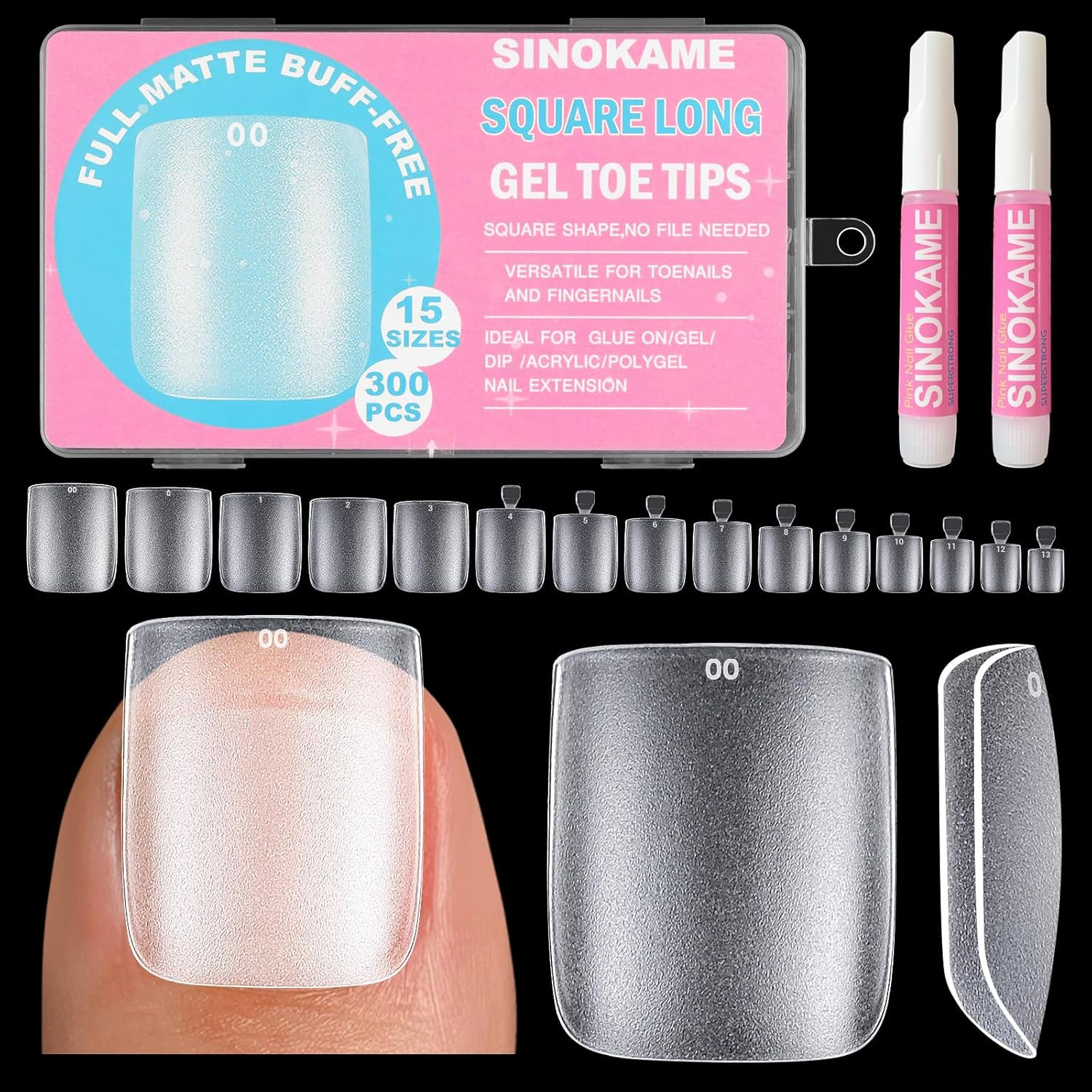 Wider Long Square Toe Nail Tips Full Cover with Glue, SINOKAME No File Matte