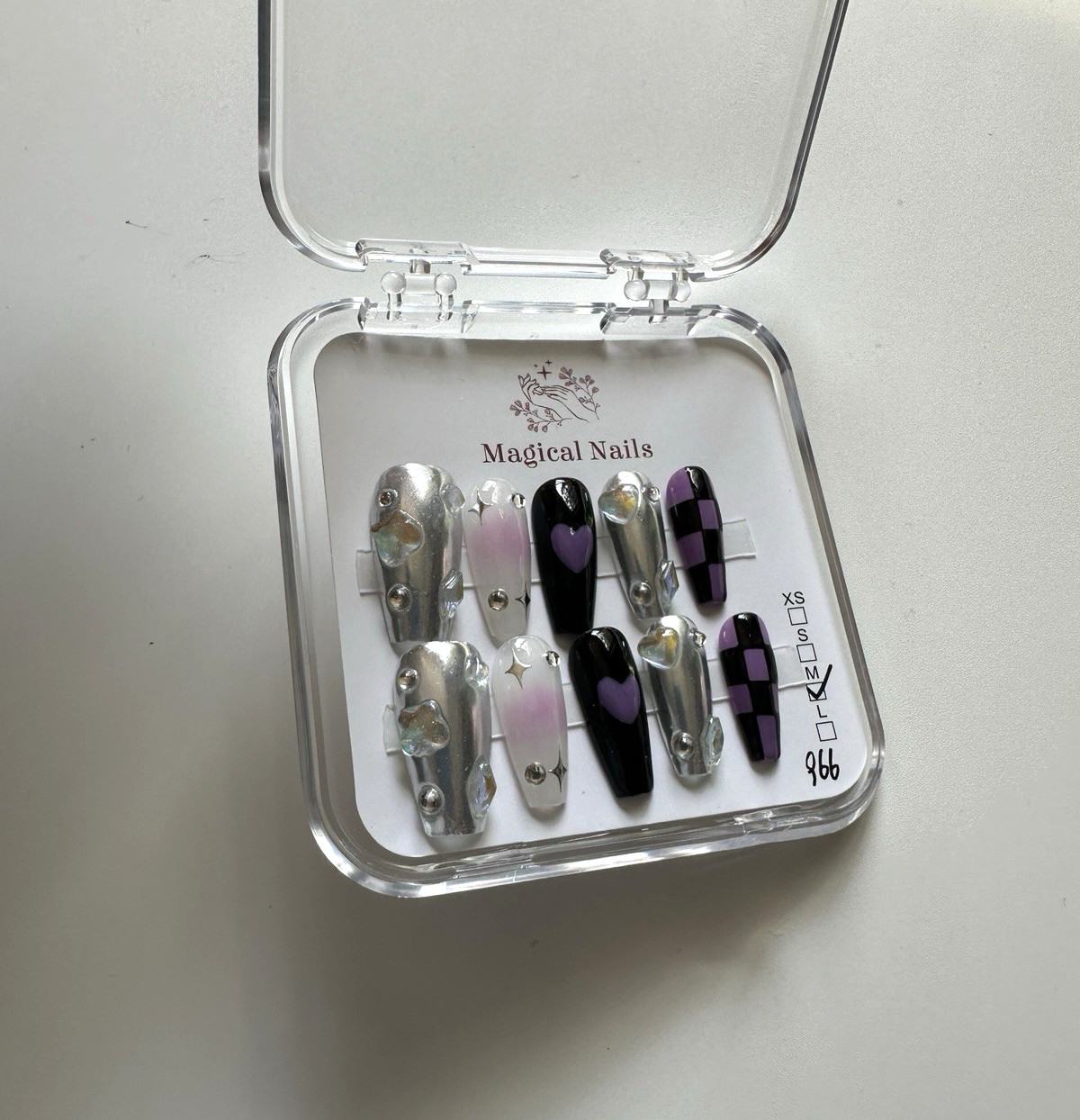 10 Piece 3D Reusable Handmade Press On Nails Metallic Chess