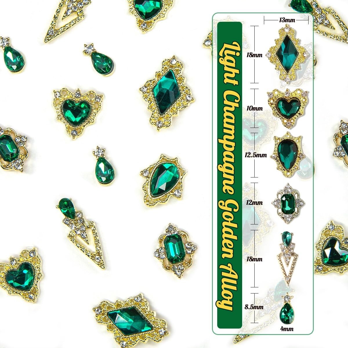 24pcs Green Luxury Nail Charms + 2000pcs Emerald Green Rhinestones 3D Big Gem…