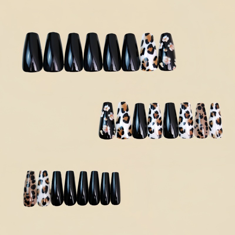 48Pcs-Black Leopard Print Press on Nails Glossy Long Coffin Nail Art Set Daily