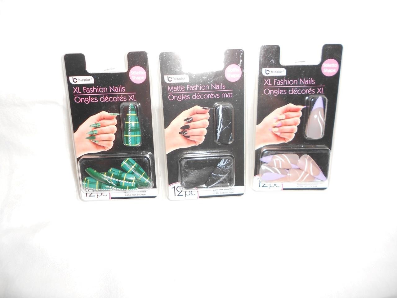 Lot 3 12pk B-Color XL Green Plaid, Purple Tip & Black Marble Fashion Nails NEW
