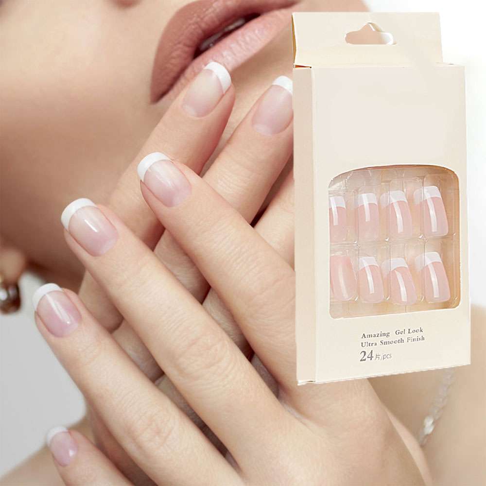 Press On Nails Natural Color, French Tip Finger Nails, 24 PCS with Glue Included