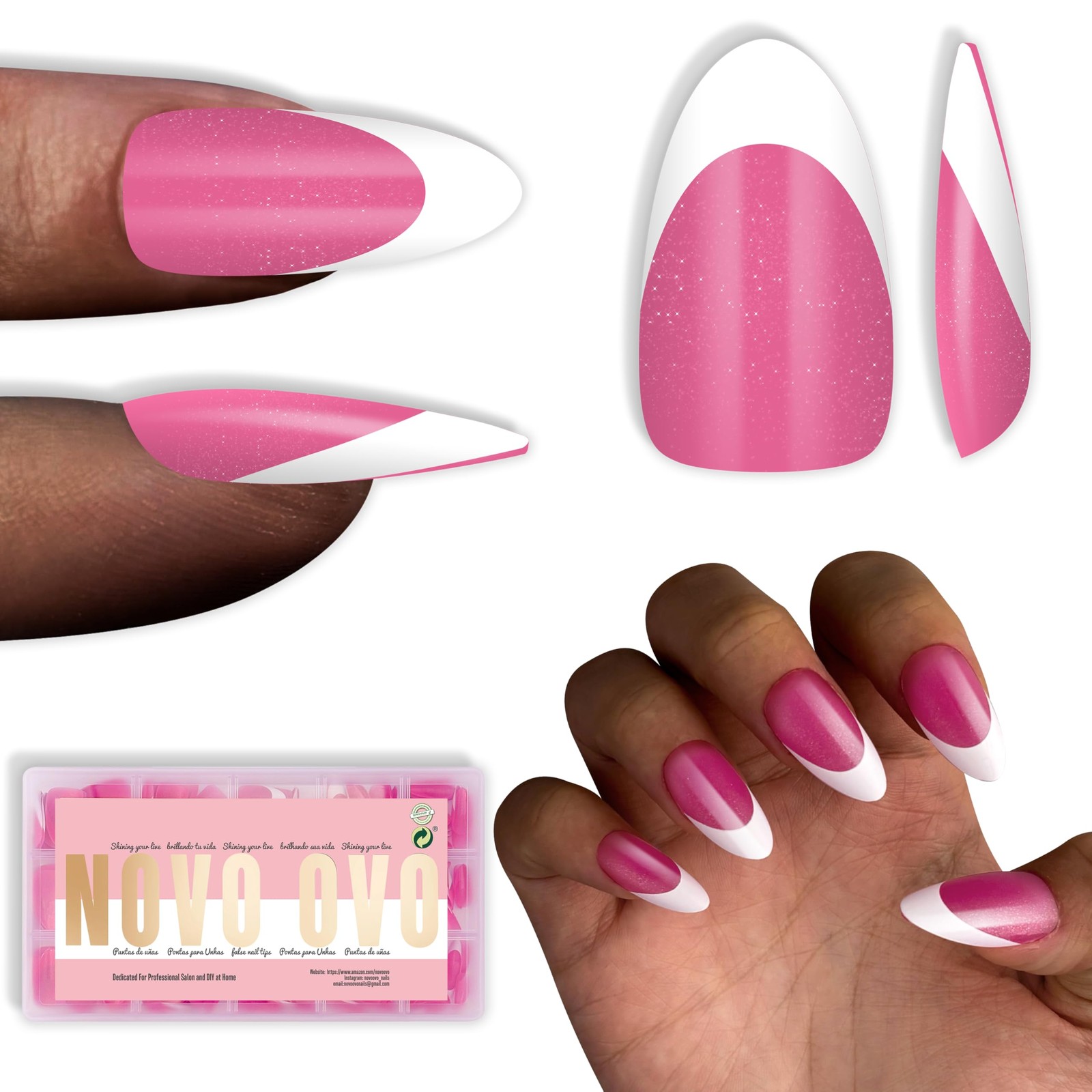 White French Tip Almond Nail Tips Press on ROSE PINK, Extra Thick Medium Soft…