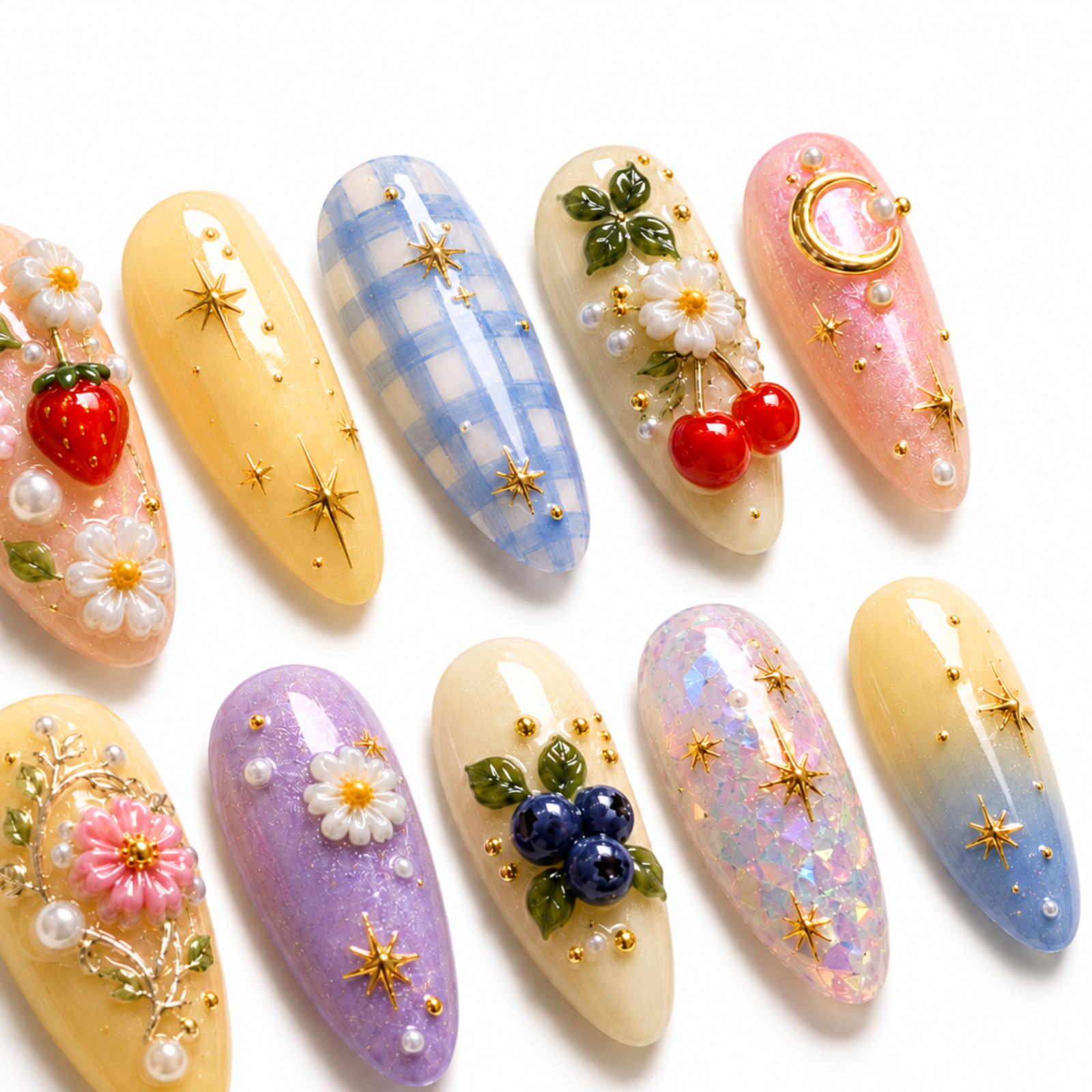 Handmade 3D Fruit Floral Press On Nails Celestial Pastel Set