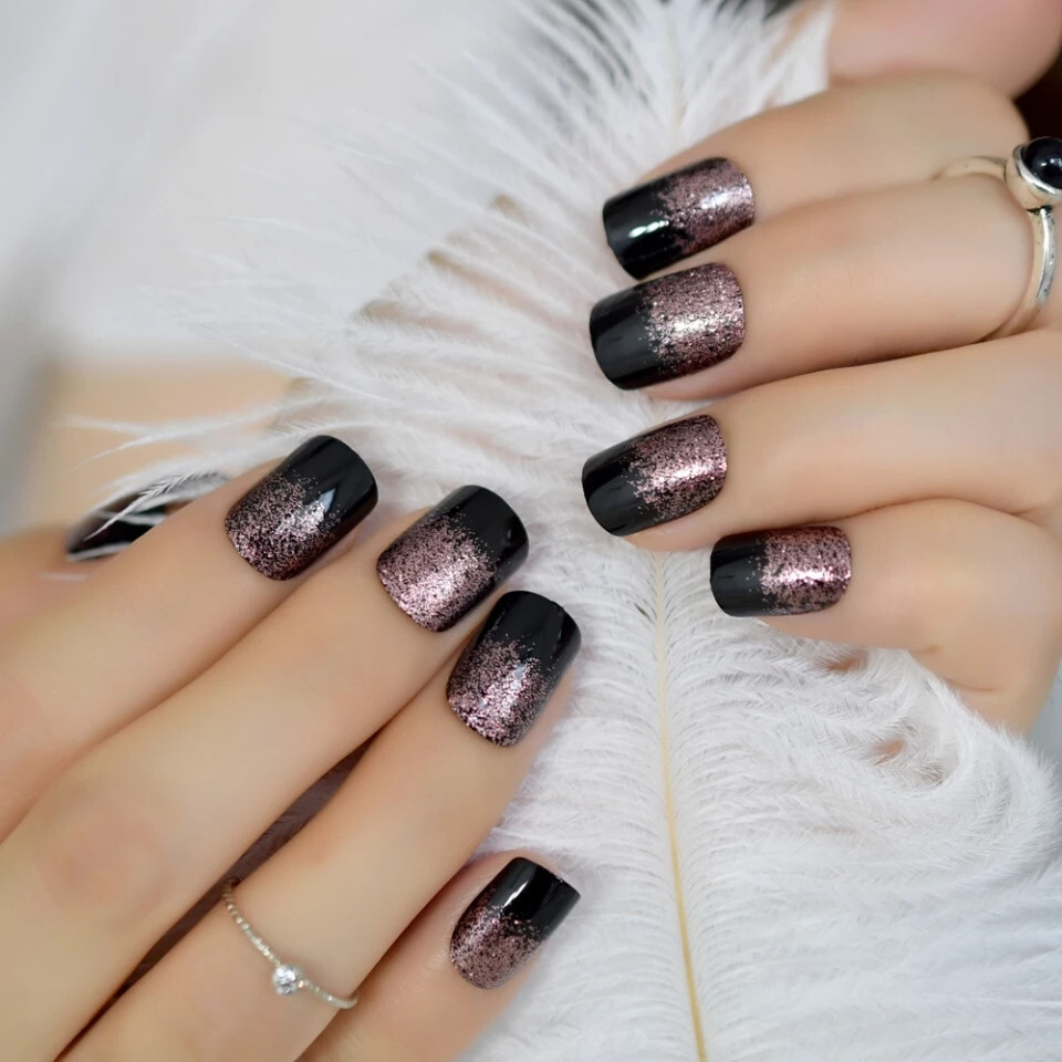 24 Short press on nails kit w glue black square rose gold ombre glitter pink