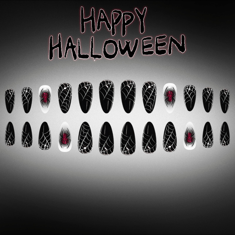48Pcs-Long Almond Halloween Black White Red Glitter Spider Web Press on Nails
