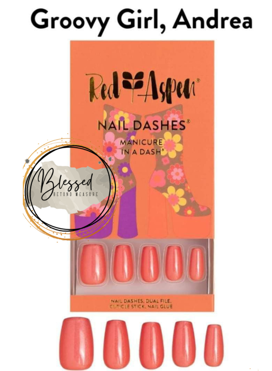 Red Aspen Press On Nails- Groovy Girl, Andrea Medium Coffin Glazed Coral Orange
