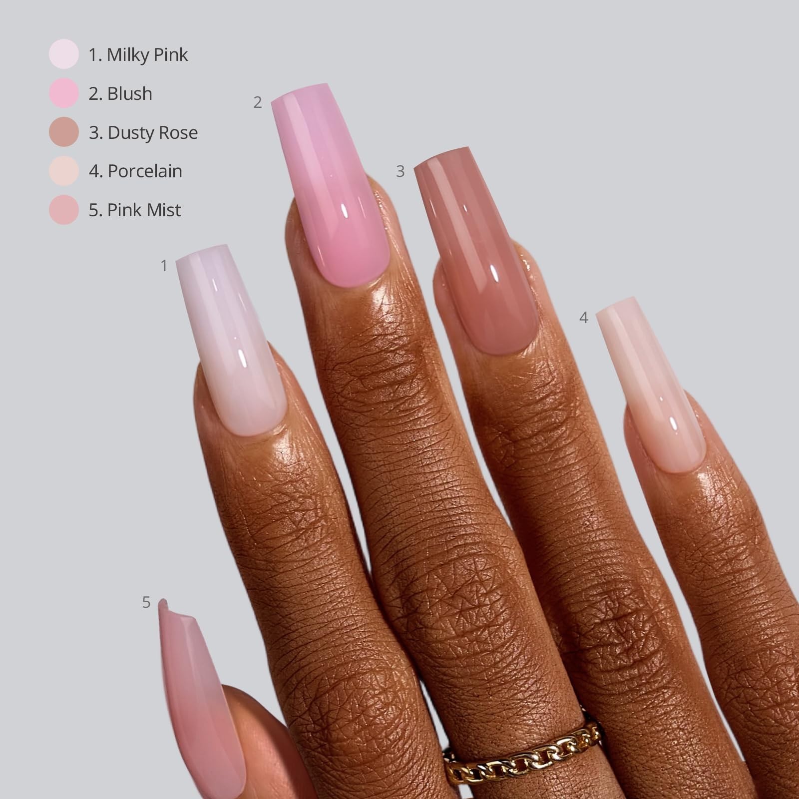 5-Shade Nude Press-On Nails – Long Coffin Style, 4-Week Wear, Easy Apply, 16 Siz