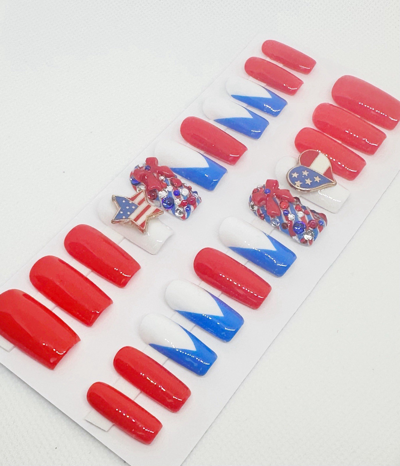 Handmade Custom Press On Nails Med Length Square July 4th Nails Red White Blue