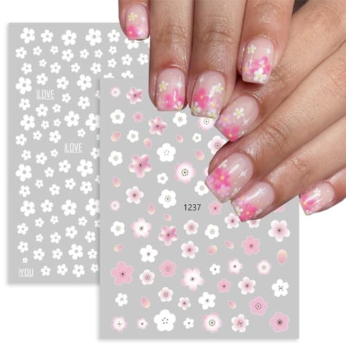 Flower Nail Art Stickers, Floral Daisy Nail Decals 3D Self-Adhesive White Daisy