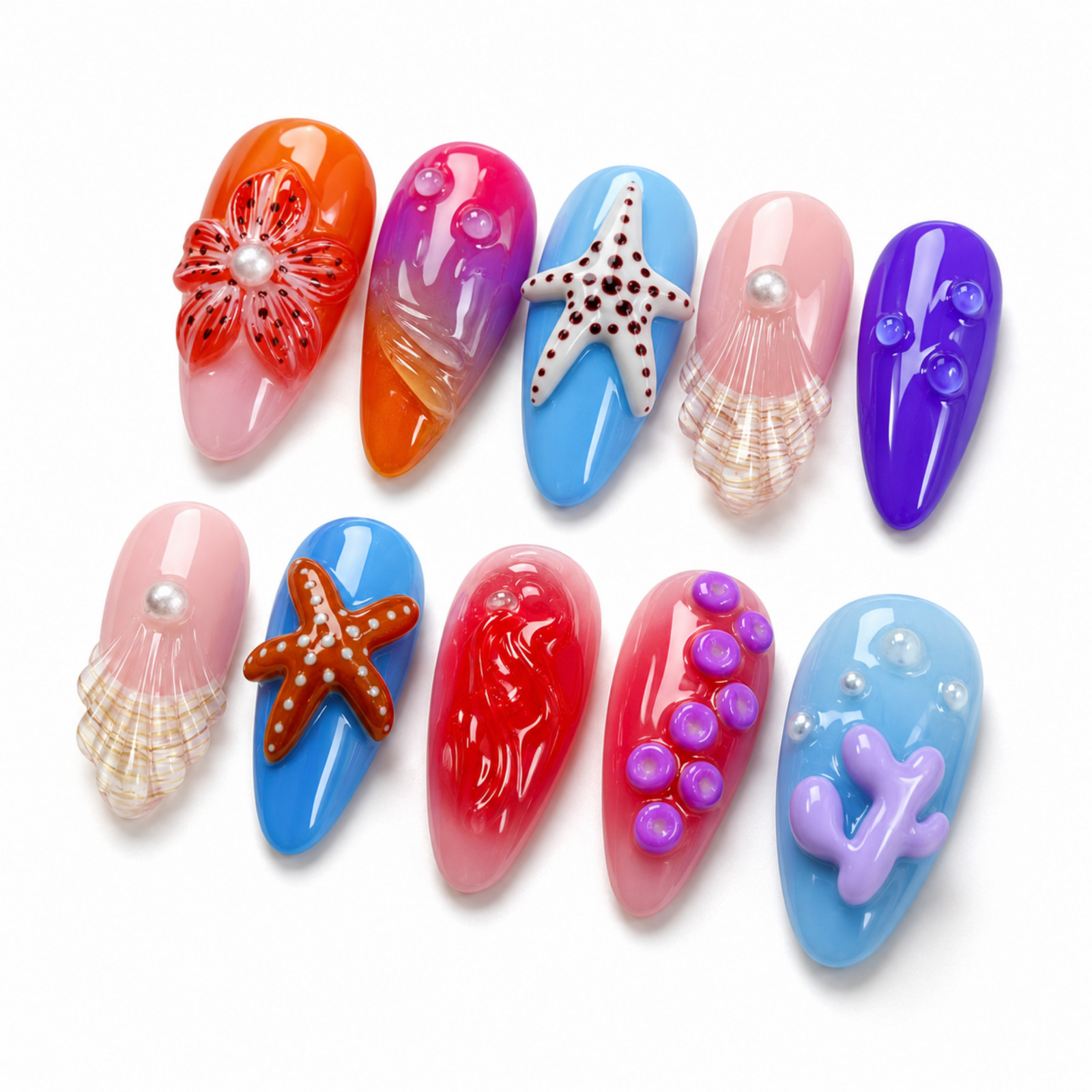 Handmade 3D Ocean Press On Nails Starfish Jellyfish Seashell Set
