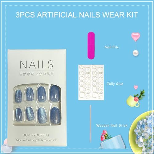 Press on Nails Medium Oval Fake Nails Glitter False Nails Glossy Blue Cat Eye