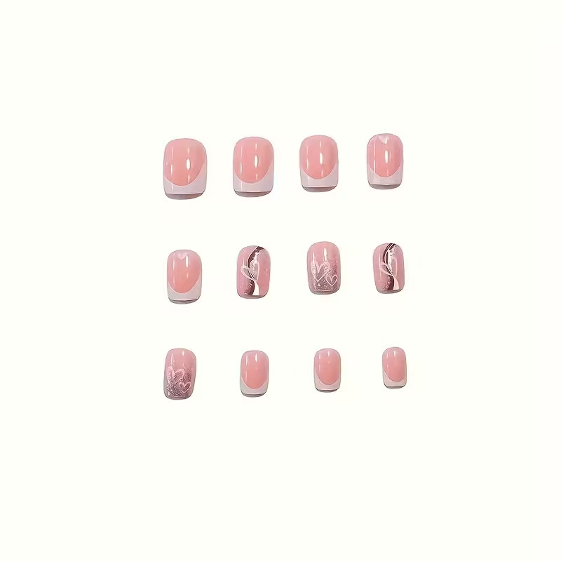 24pcs Short, Square, Press-On Nails, White French, Heart-Shaped Glossy, Everyday