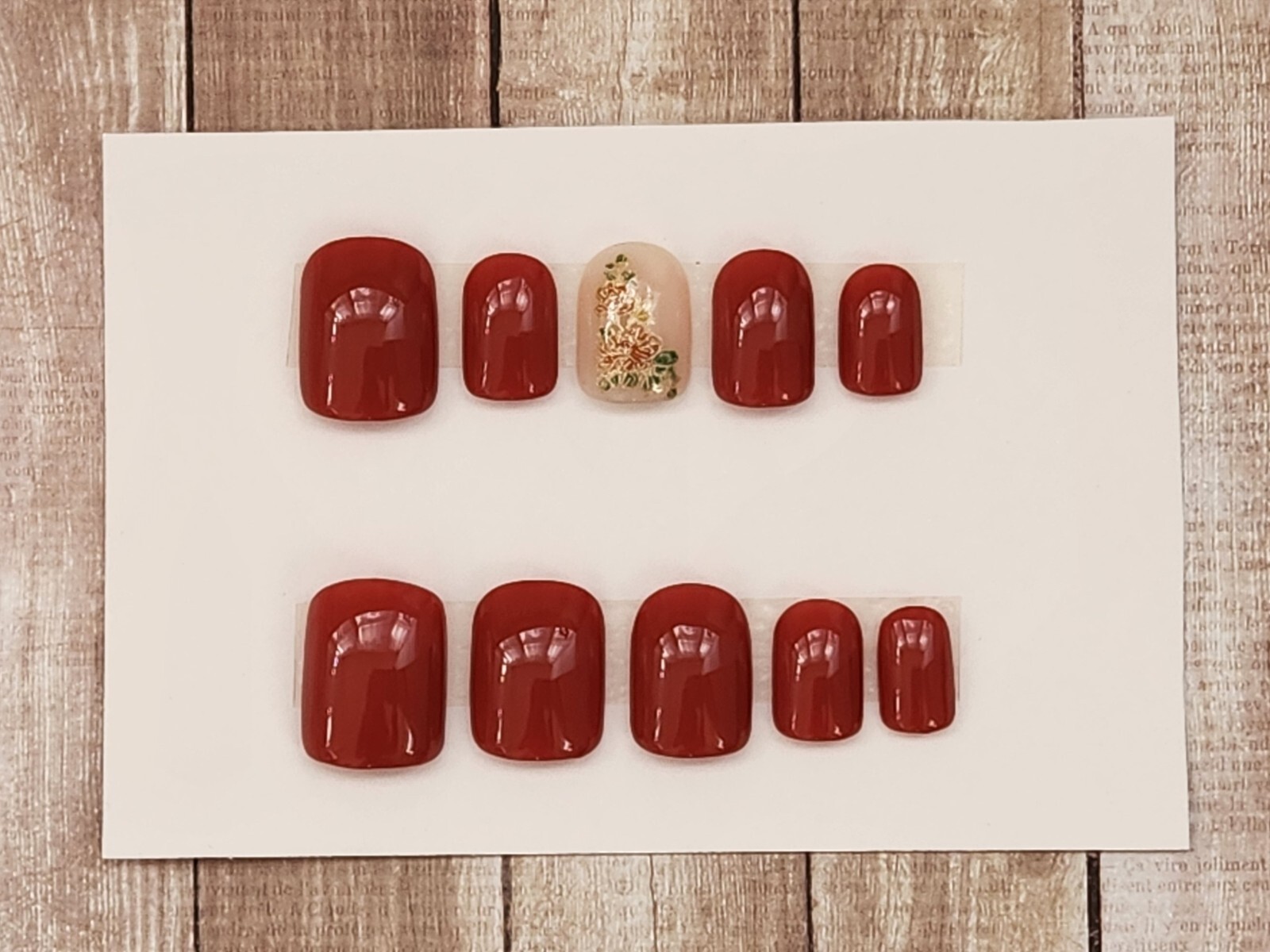 Custom Press On Handmade Gel Nails Crimson Floral Accent Square Short 20 Tips