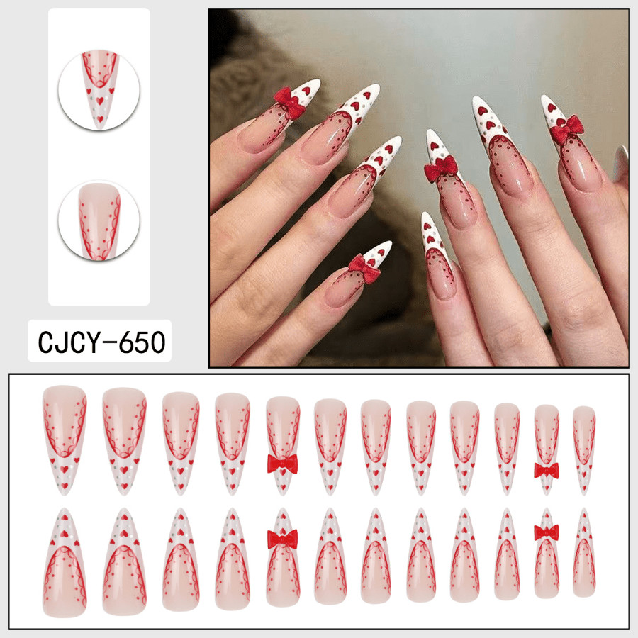 48pcs Stiletto Press on Nails, White Tip Red Heart 3D Bow Valentine Nail Art