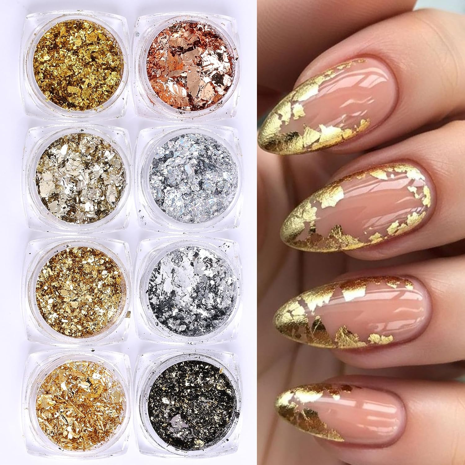 8 Bottles Gold Flakes Nail Glitter Foils Metallic Gold Silver Black Rose Golden