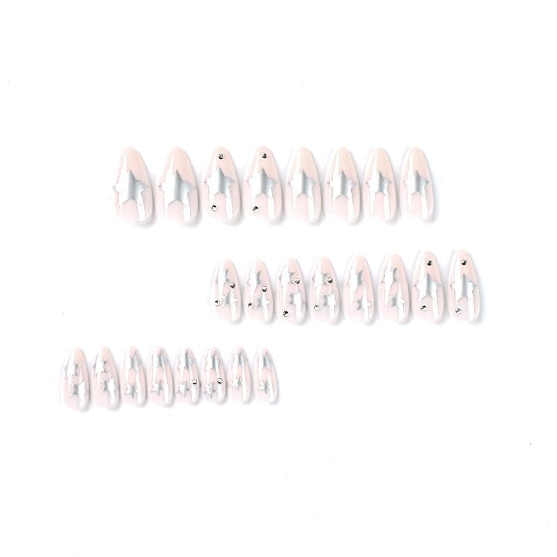 Silver Star Press on Nails Medium Almond Fake Nails 4Th of July False Nails Rhin