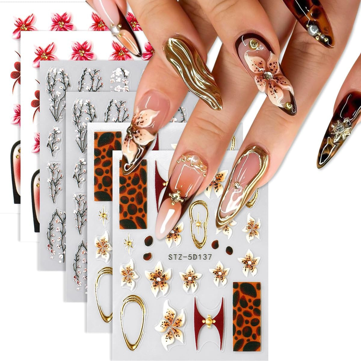 Flower Nail Art Stickers Decals 3PCS 3D Self-Adhesive Floral Nail Stickers | Fra