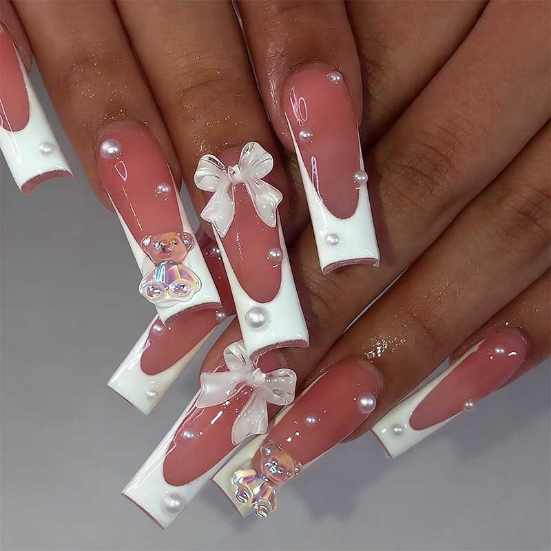 48pcs-Kawaii Long Coffin Nails with Nude Pink Base, White Tips and Bear Charms