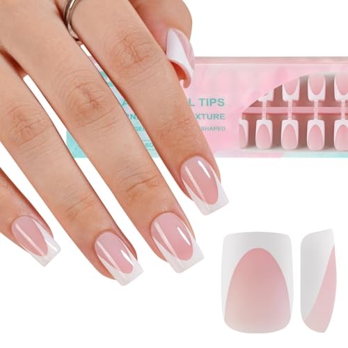 French Gel Nail Tips, 160Pcs Deep Almond French Round French B-Short Square