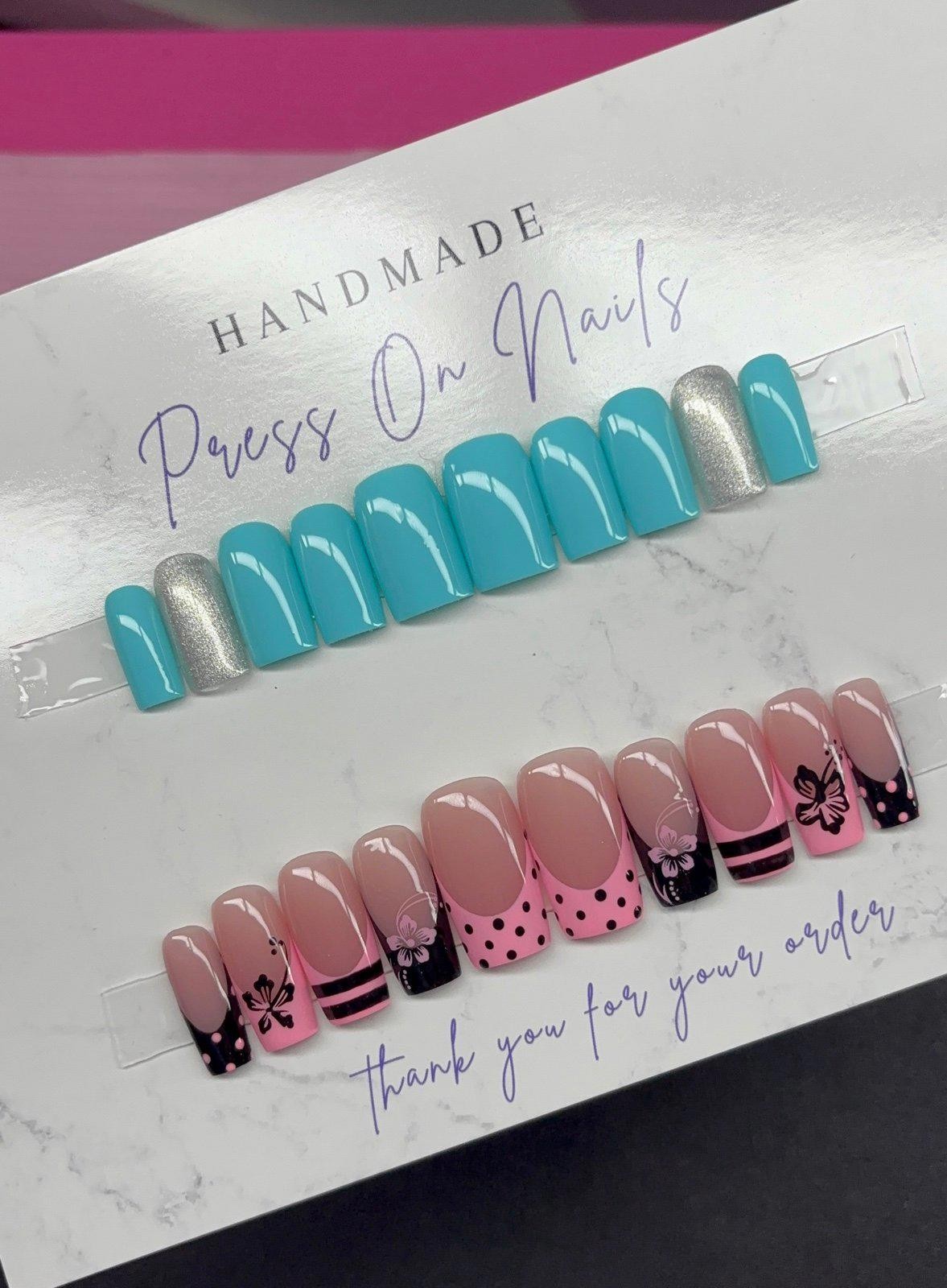 Short square and medium square press on nails spring pink black teal silver