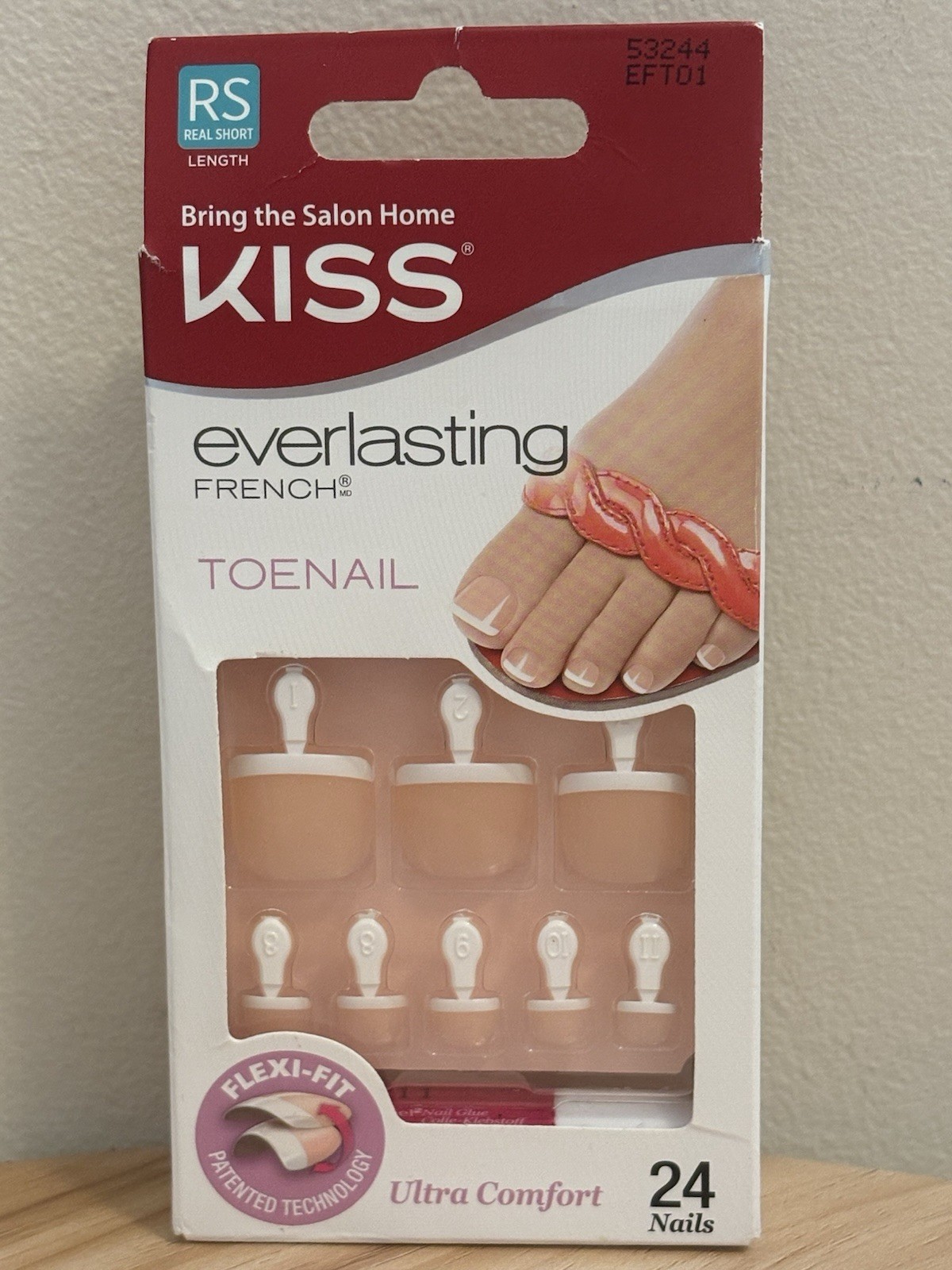 Kiss Premium Real Short Glue on Nails for Toes Flexi-fit Everlasting French NEW