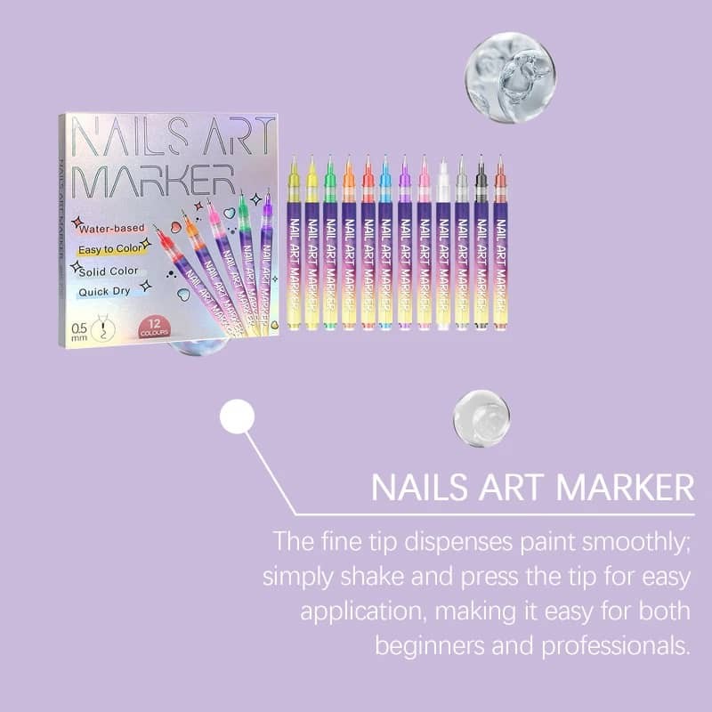 12 Color Nail Art Marker Pen Set Waterproof Quick Dry Fine Tip Nail Painting Pen