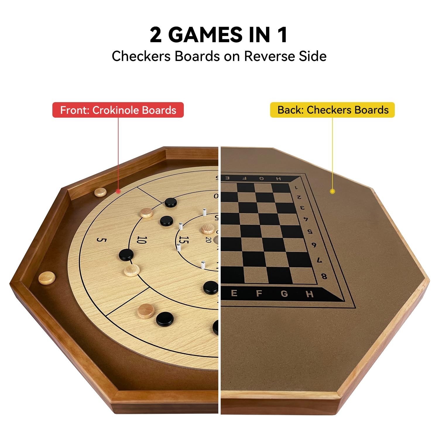 30 Inch Tournament Crokinole Board Game, 2 in 1 30 inches, Yellow