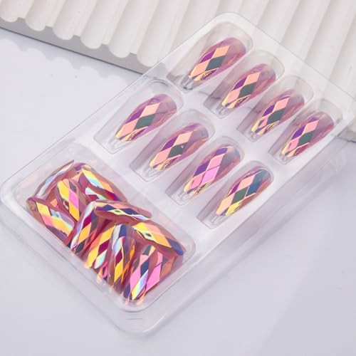 Press on Nails Medium Almond Fake Nails Pink Metal Chrome False Nails Style 13