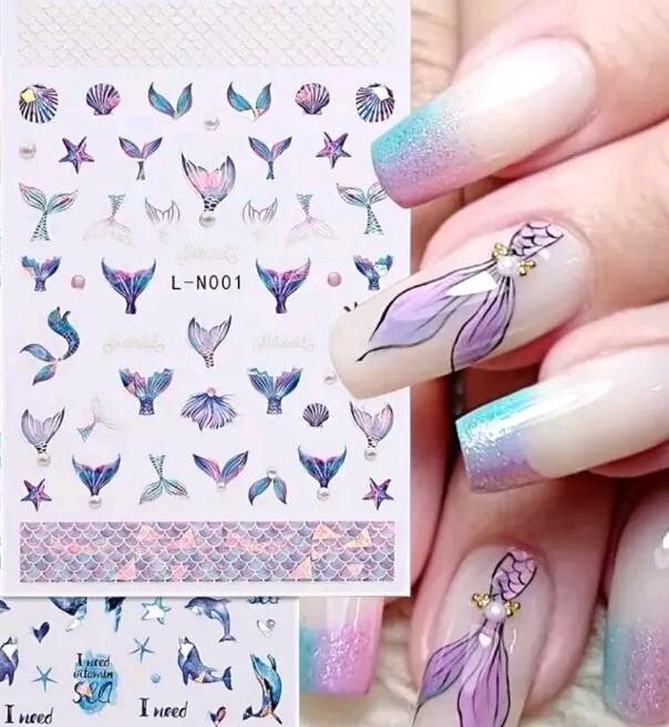 2 Sheets Mermaid Nails Transfer Images Nautical Sticker Sea Shell Beach Fake