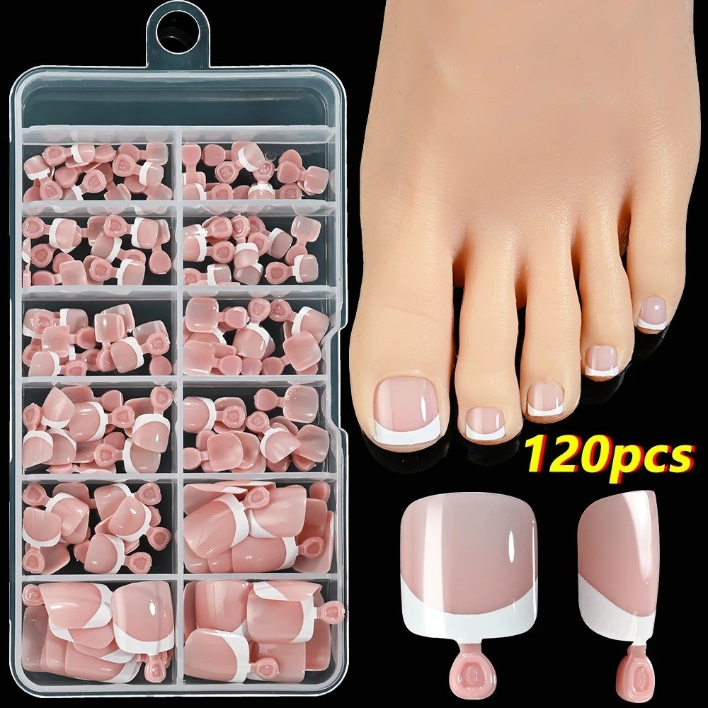 120Pcs Pink French Short Square Fake Nails 12-Sizes Full Cover Press On Nails We