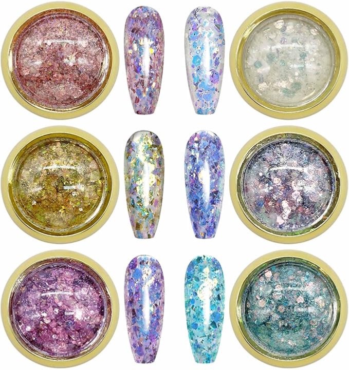 6 Colors Holographic Nail Glitter Sequins Chunky Nails Glitter Flakes & Powder