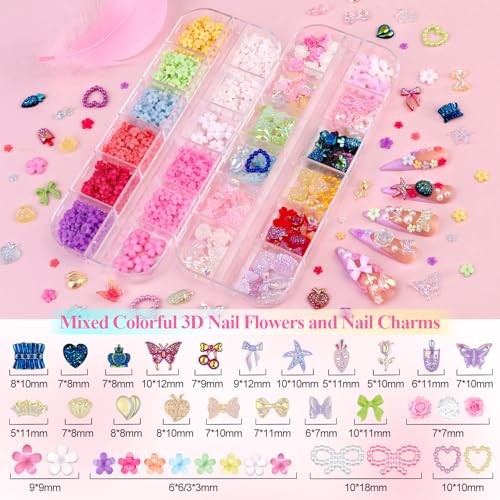 8 Boxes Nail Charms and Gems for Manicure, Flat Pearls Nail Flowers Nail