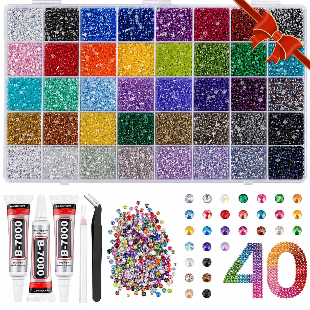 Resin Jelly Rhinestones Kit 36000Pcs 40 Colors 3mm with B7000 Glue & Tools