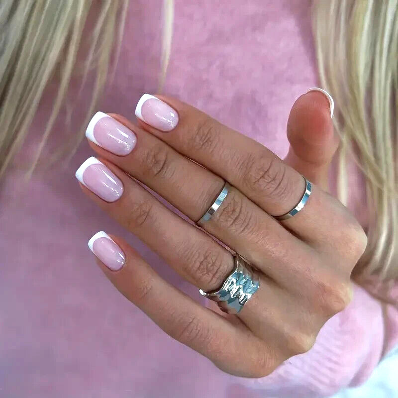24pcs Pink Press On Nails Short Square White French Tip Women Girls