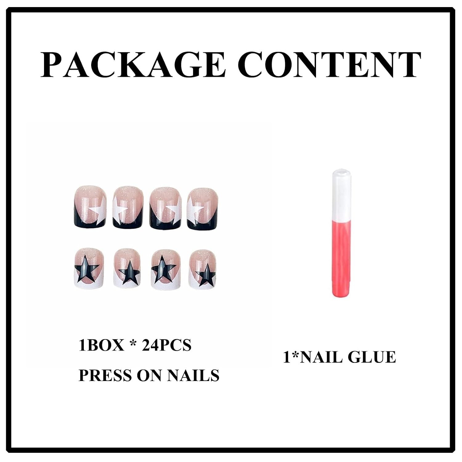 Square Press on Nails Short – White Black French Tip Fake Nails, Star Y2K Got…