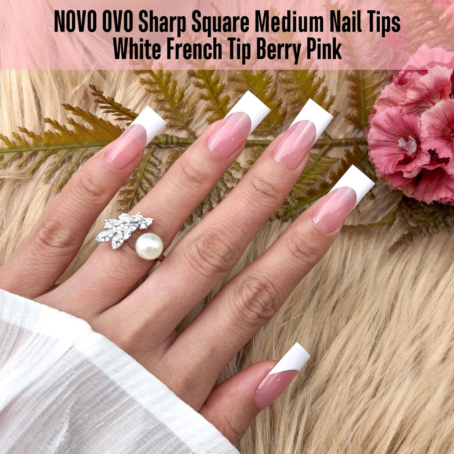 Medium Sharp Square White French Tip Nail Tips Press on BERRY PINK, Extra Thick