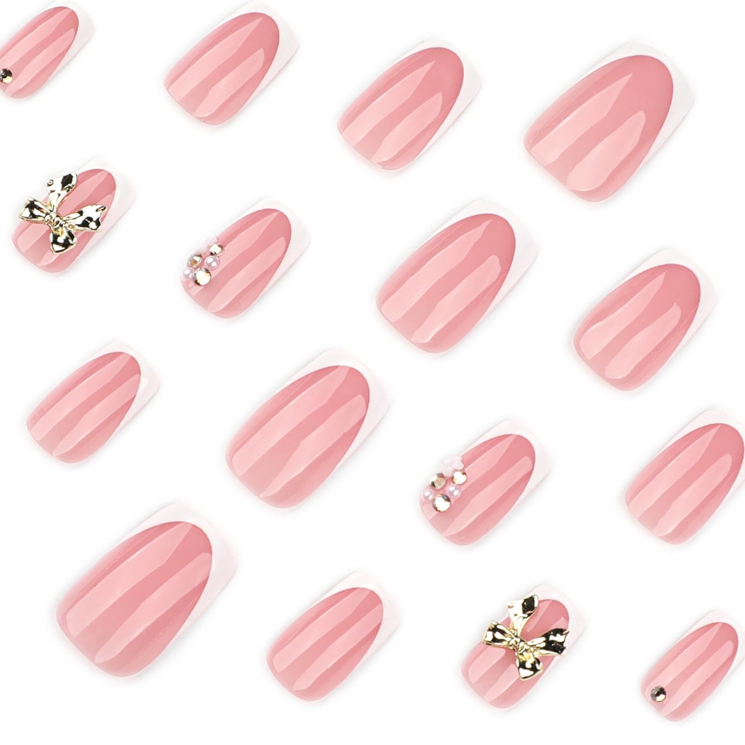 Spring French Press On Nails Medium Square Fake Nails Pink Full Cover False N…