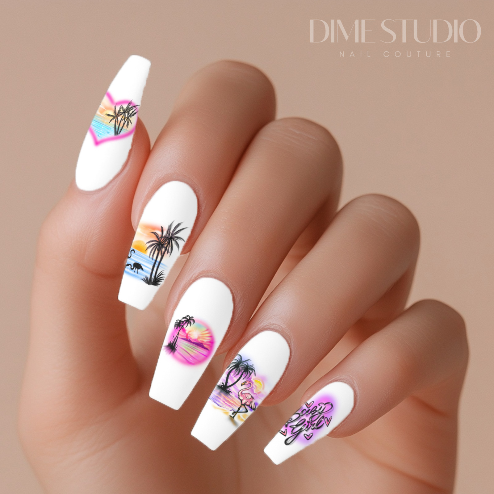Airbrush Tropical Palm Tree Dolphins Nail Decals Clear Water Transfer TF-1007