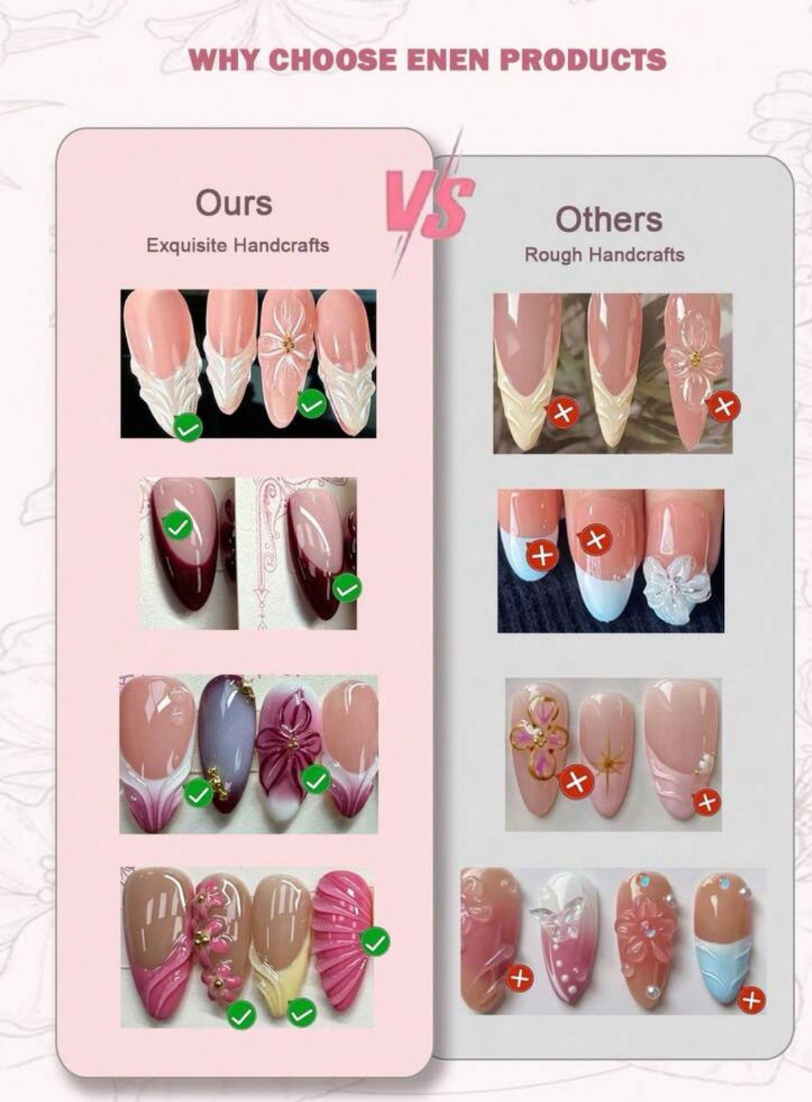 ENEN Medium Almond 3D Self-Adhesive Press-On Nails Pink White Gold Butterfly