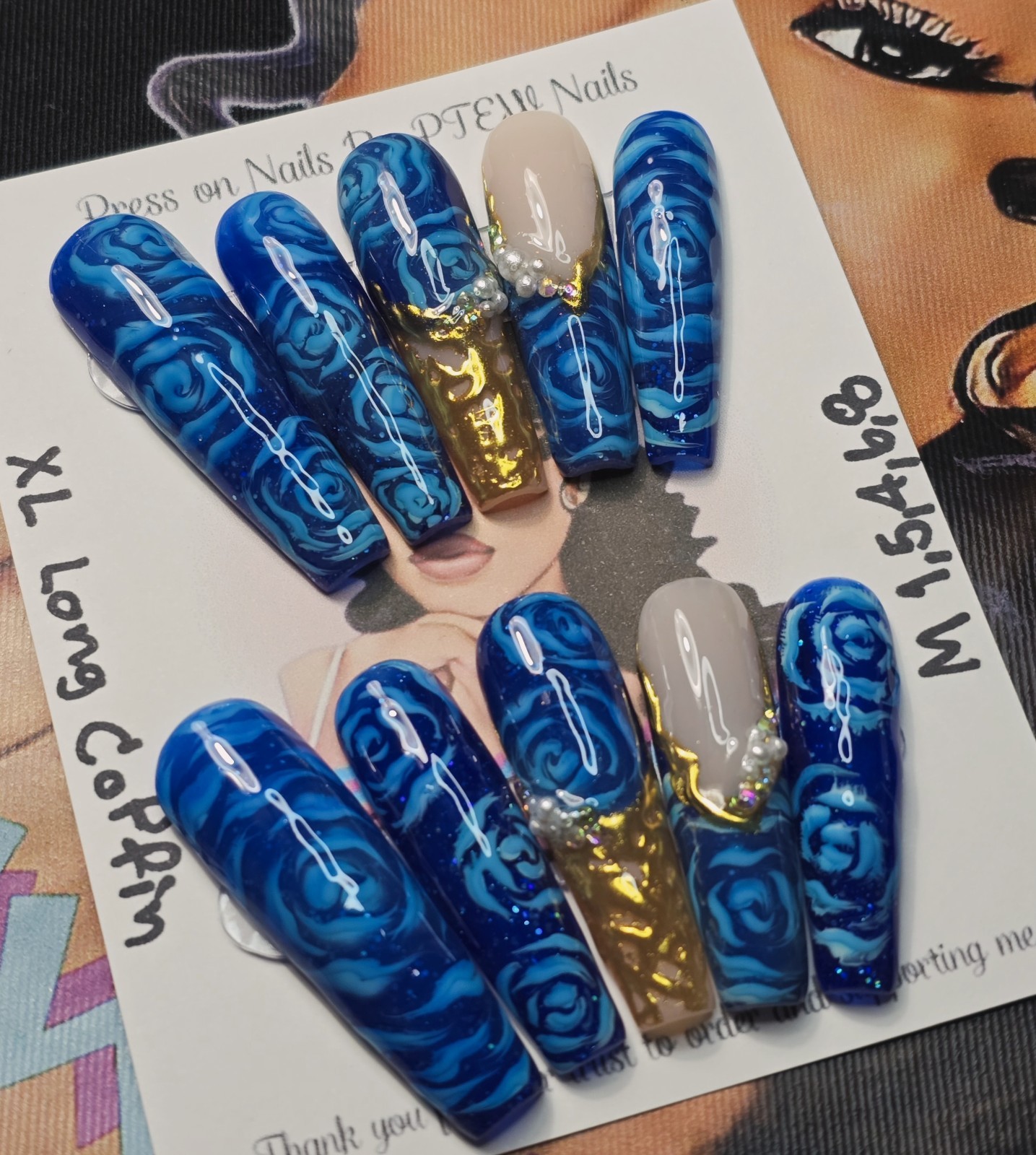 Handmade Gel Press On Nails,V Rose Nails,Medium Size 1,5,4,6,8 XL Long Coffin