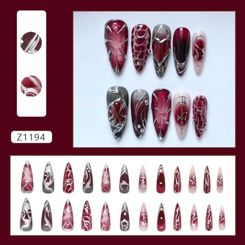 24Pcs Gothic Press on Nails Long Stiletto Fake Nails Punk Metal punk style