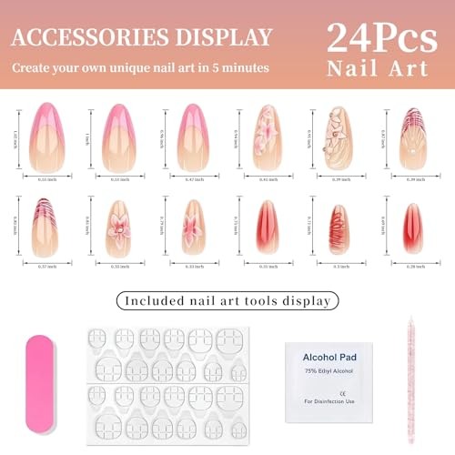 24Pcs Pink Flower Press on Nails Medium Almond Gradient Embossed Flower Style