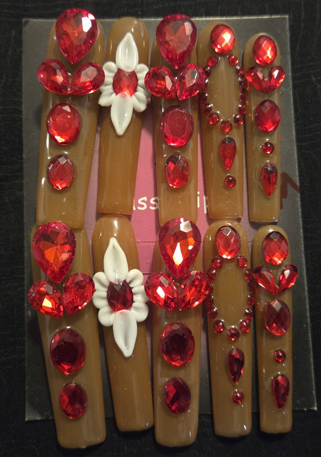 Handmade XLong Square Press-On Nails Brown/Red/White 3D Crystals-M