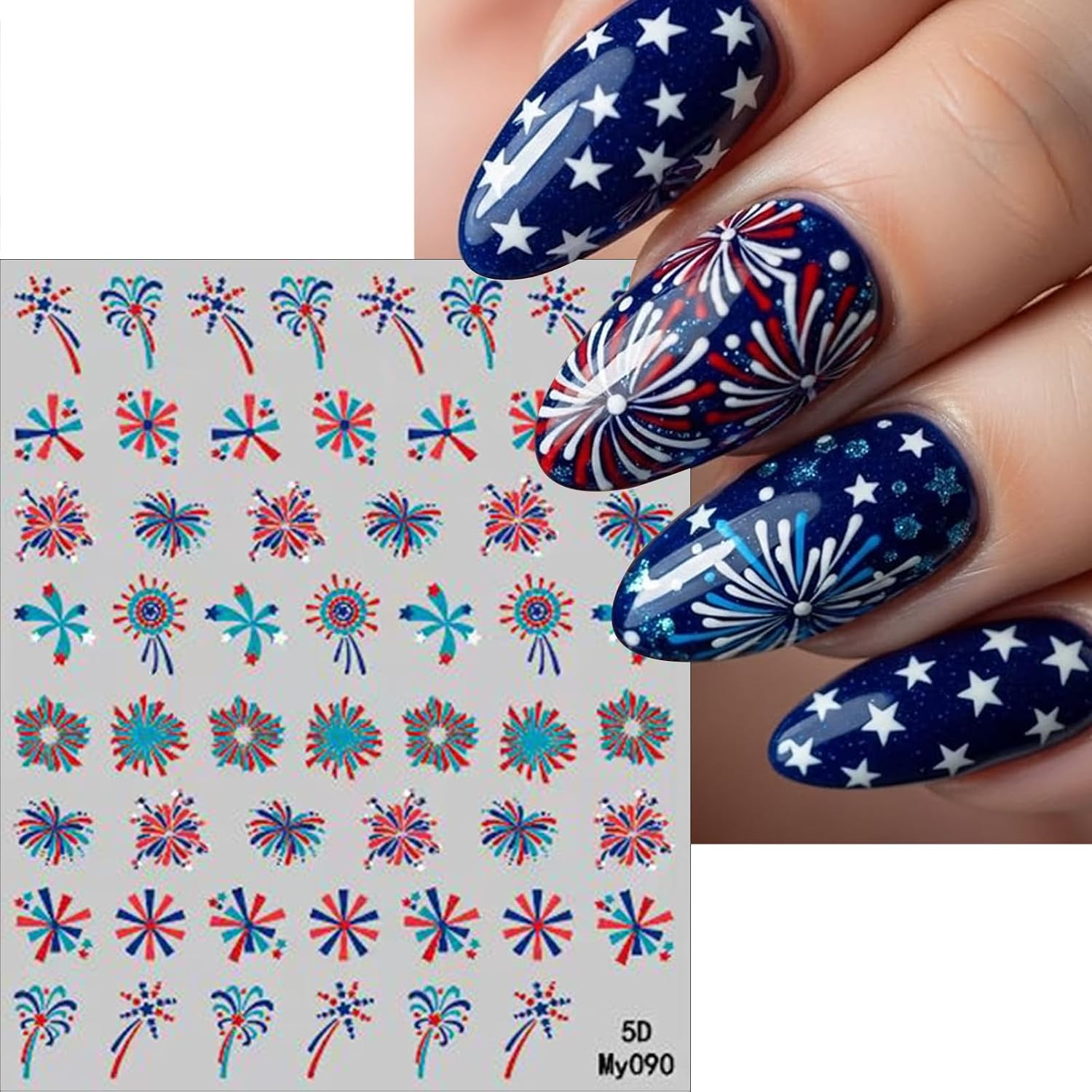 3 Sheets 4Th of July Fireworks Nail Art Stickers 5D Embossed Self Adhesive