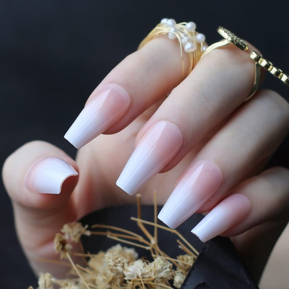 Natural Nude Pink Ombre Press On Nails Extra Long Coffin Ballerina Fake Nails